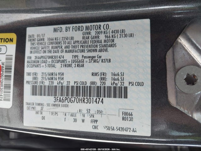 2017 Ford Fusion S მანქანა იყიდება აუქციონზე, vin: 3FA6P0G70HR301474, აუქციონის ნომერი: 45142159