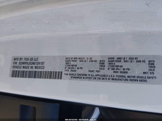Aukcja sprzedaży 2022 Ram Promaster 3500 Cargo Van High Roof 159 Wb Ext, vin: 3C6MRVJG3NE124107, numer aukcji: 45142165