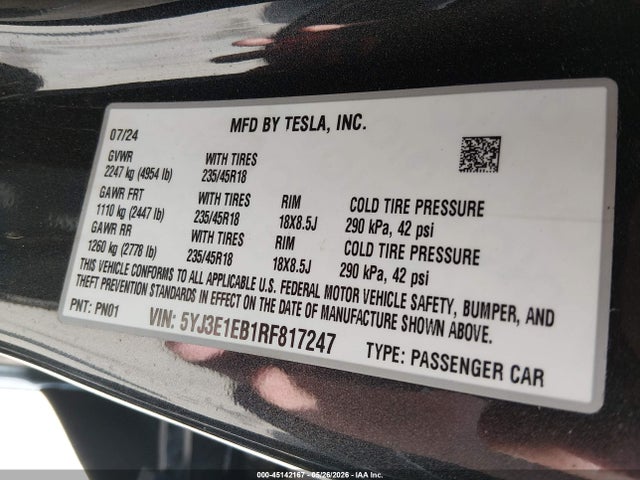 Aukcja sprzedaży 2024 Tesla Model 3 Long Range Dual Motor All-wheel Drive, vin: 5YJ3E1EB1RF817247, numer aukcji: 45142167