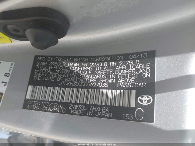 Продажа на аукционе авто 2013 Toyota Prius Two, vin: JTDKN3DU5D5627035, номер лота: 45142171