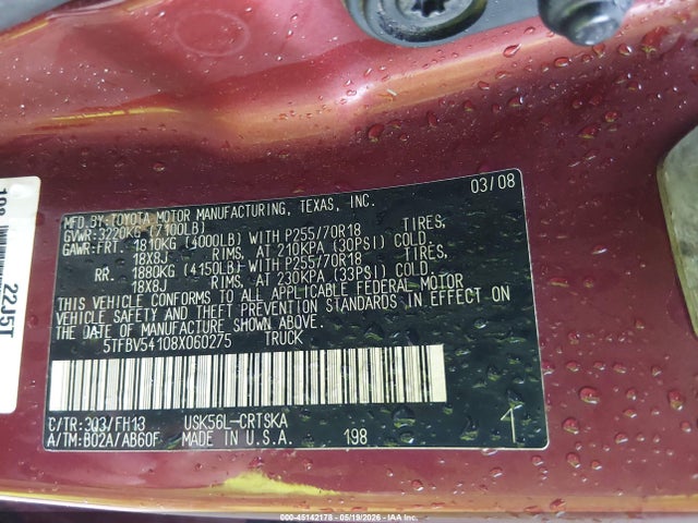 Aukcja sprzedaży 2008 Toyota Tundra Sr5 5.7l V8, vin: 5TFBV54108X060275, numer aukcji: 45142178