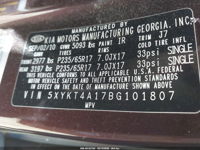 2011 Kia Sorento Lx მანქანა იყიდება აუქციონზე, vin: 5XYKT4A17BG101807, აუქციონის ნომერი: 45142184