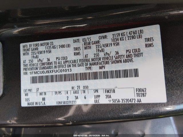 Aukcja sprzedaży 2015 Ford Escape Titanium, vin: 1FMCU0J9XFUC01013, numer aukcji: 45142190