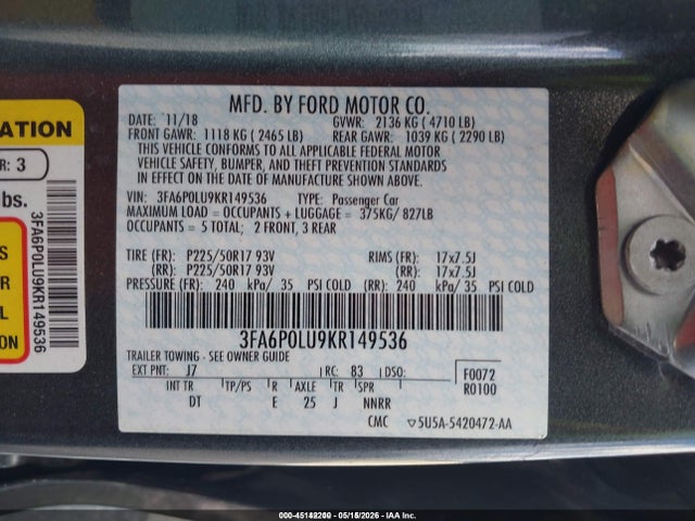 3FA6P0LU9KR149536 Ford Fusion Hybrid Se