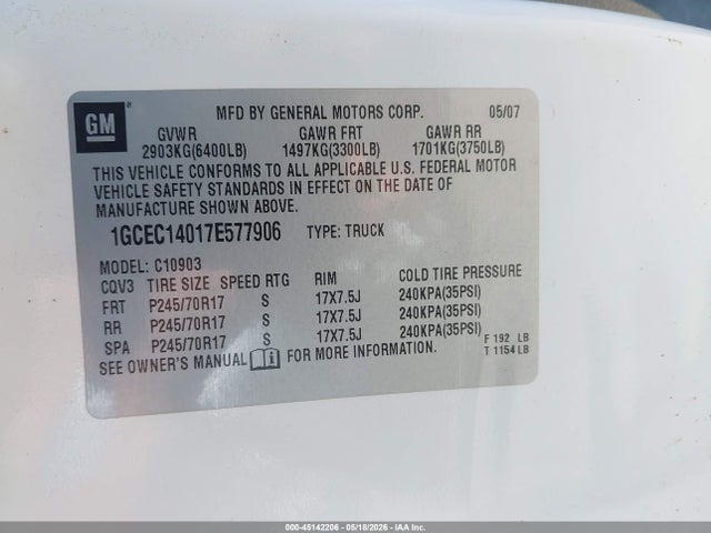 Продаж на аукціоні авто 2007 Chevrolet Silverado 1500 Work Truck, vin: 1GCEC14017E577906, номер лоту: 45142206