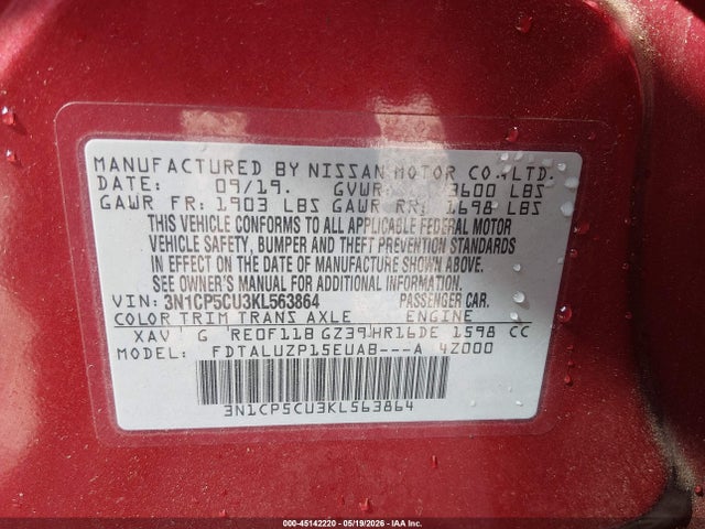 Aukcja sprzedaży 2019 Nissan Kicks Sr, vin: 3N1CP5CU3KL563864, numer aukcji: 45142220