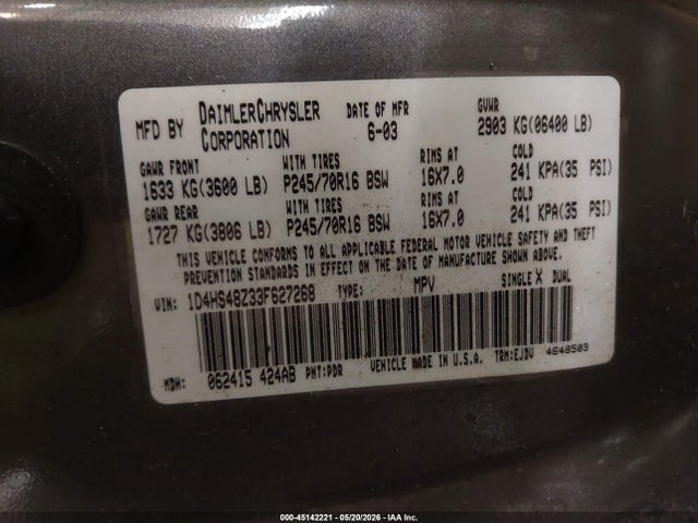 Auction sale of the 2003 Dodge Durango Slt, vin: 1D4HS48Z33F627268, lot number: 45142221
