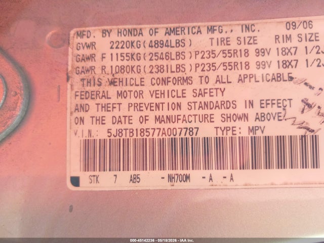 45142236 :رقم المزاد ، 5J8TB18577A007787 vin ، 2007 Acura Rdx مزاد بيع