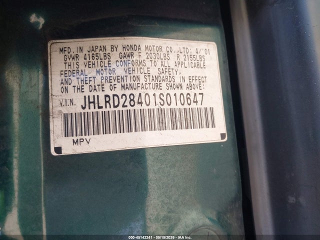 45142241 :رقم المزاد ، JHLRD28401S010647 vin ، 2001 Honda Cr-v Lx مزاد بيع
