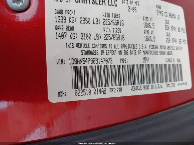 45142250 :رقم المزاد ، 1D8HN54P98B147072 vin ، 2008 Dodge Grand Caravan Sxt مزاد بيع