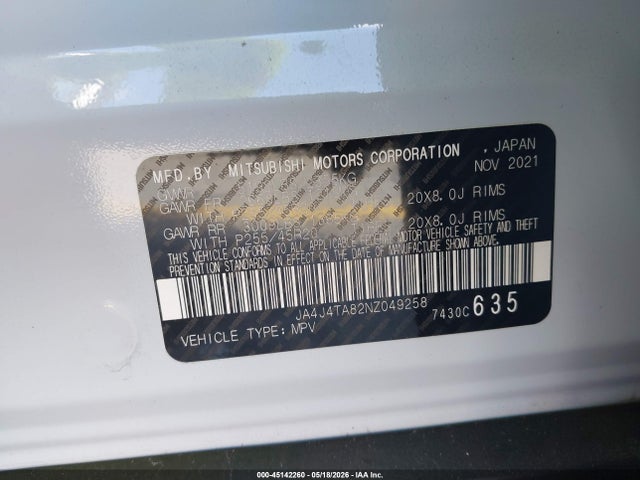 2022 Mitsubishi Outlander Es 2.5 S-awc მანქანა იყიდება აუქციონზე, vin: JA4J4TA82NZ049258, აუქციონის ნომერი: 45142260