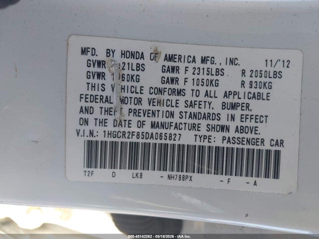 Aukcja sprzedaży 2013 Honda Accord Ex-l, vin: 1HGCR2F85DA065827, numer aukcji: 45142262
