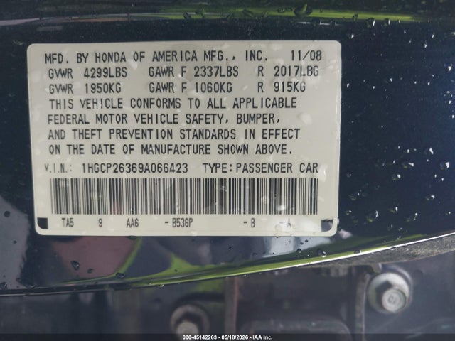 45142263 :رقم المزاد ، 1HGCP26369A066423 vin ، 2009 Honda Accord 2.4 Lx مزاد بيع