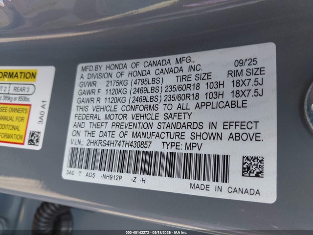 2026 Honda Cr-v Ex-l Awd მანქანა იყიდება აუქციონზე, vin: 2HKRS4H74TH430857, აუქციონის ნომერი: 45142272