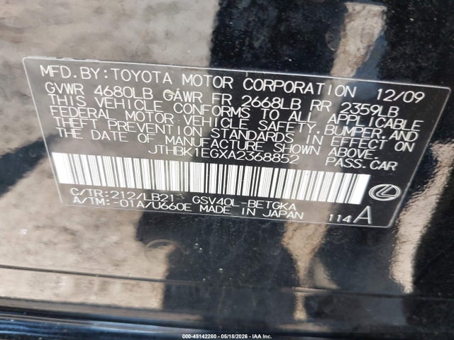 2010 Lexus Es 350 მანქანა იყიდება აუქციონზე, vin: JTHBK1EGXA2368852, აუქციონის ნომერი: 45142280