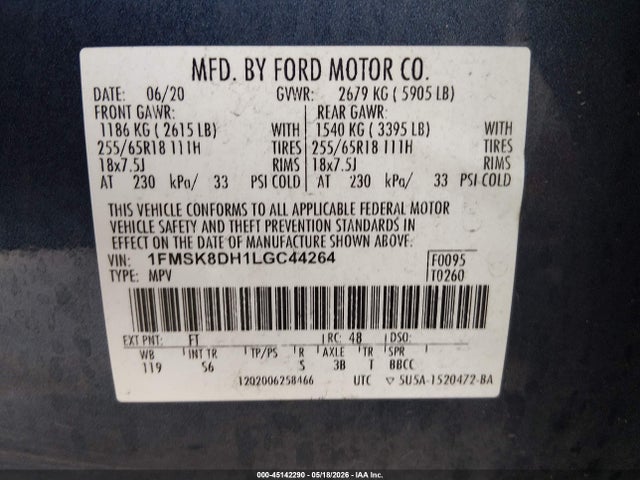 Aukcja sprzedaży 2020 Ford Explorer Xlt, vin: 1FMSK8DH1LGC44264, numer aukcji: 45142290
