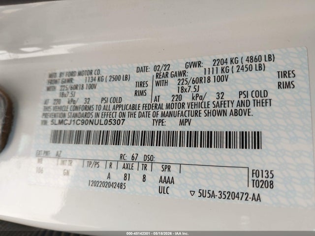 45142301 :رقم المزاد ، 5LMCJ1C90NUL05307 vin ، 2022 Lincoln Corsair Standard مزاد بيع