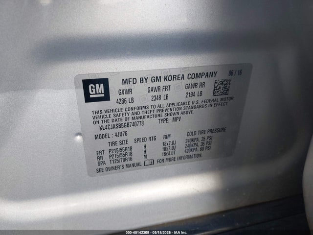 Aukcja sprzedaży 2016 Buick Encore, vin: KL4CJASB5GB740778, numer aukcji: 45142308