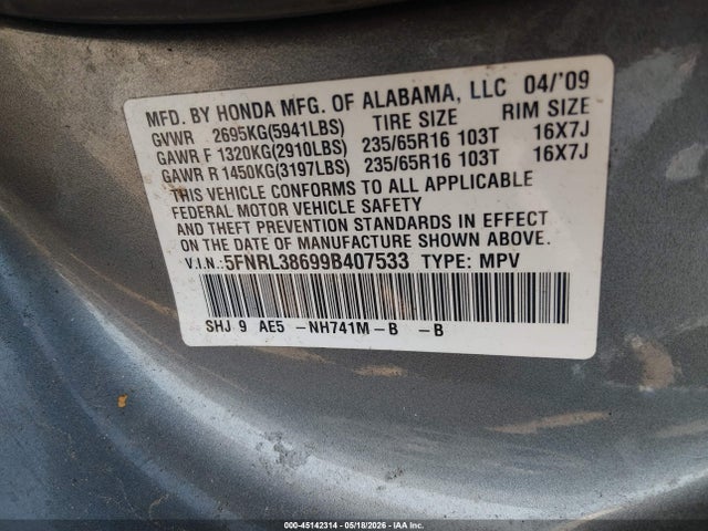 Aukcja sprzedaży 2009 Honda Odyssey Ex-l, vin: 5FNRL38699B407533, numer aukcji: 45142314