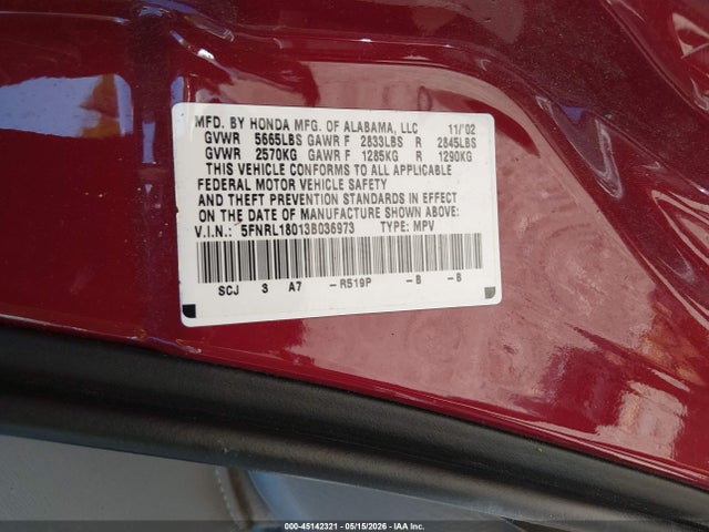 45142321 :رقم المزاد ، 5FNRL18013B036973 vin ، 2003 Honda Odyssey Ex-l مزاد بيع