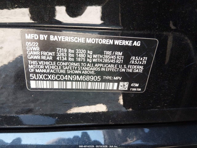 45142329 :رقم المزاد ، 5UXCX6C04N9M68905 vin ، 2022 Bmw X7 M50i مزاد بيع