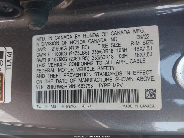 45142331 :رقم المزاد ، 2HKRW2H54NH663793 vin ، 2022 Honda Cr-v Awd Ex مزاد بيع