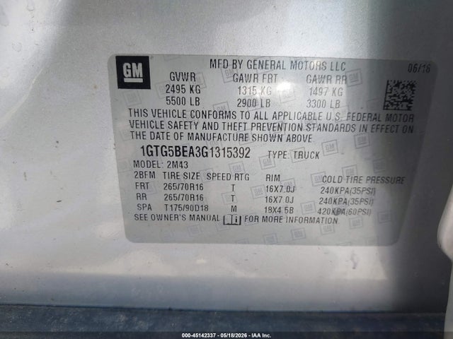 Продаж на аукціоні авто 2016 Gmc Canyon, vin: 1GTG5BEA3G1315392, номер лоту: 45142337