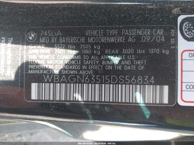Aukcja sprzedaży 2005 Bmw 745li, vin: WBAGN63515DS56834, numer aukcji: 45142359