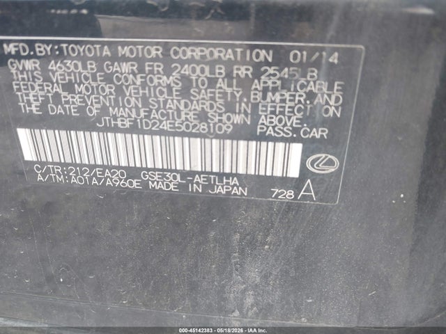 Продаж на аукціоні авто 2014 Lexus Is 250, vin: JTHBF1D24E5028109, номер лоту: 45142383