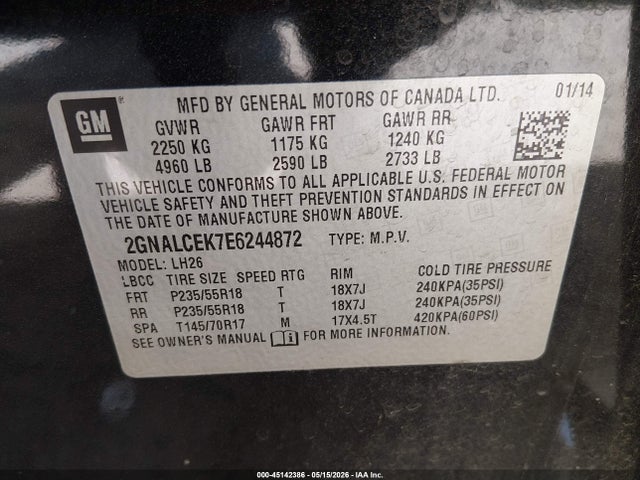 Aukcja sprzedaży 2014 Chevrolet Equinox 2lt, vin: 2GNALCEK7E6244872, numer aukcji: 45142386