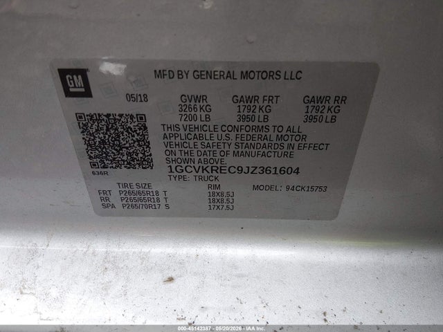Aukcja sprzedaży 2018 Chevrolet Silverado 1500 2lt, vin: 1GCVKREC9JZ361604, numer aukcji: 45142387