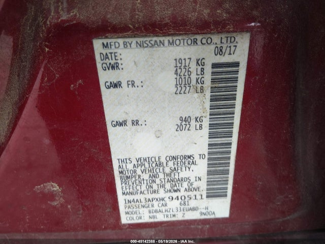 45142388 :رقم المزاد ، 1N4AL3APXHC940511 vin ، 2017 Nissan Altima 2.5 Sr مزاد بيع