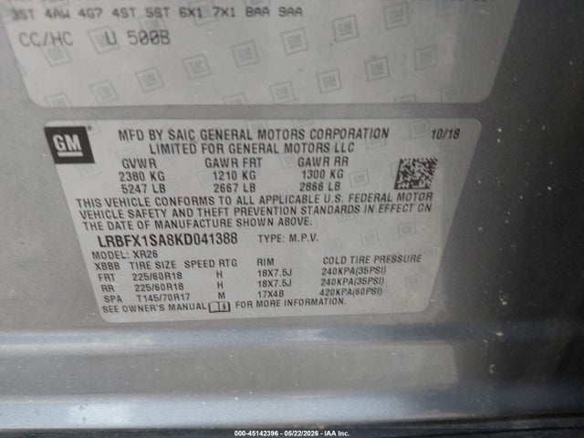 Продаж на аукціоні авто 2019 Buick Envision Awd Preferred, vin: LRBFX1SA8KD041388, номер лоту: 45142396