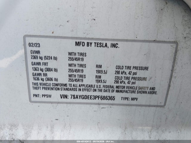 Auction sale of the 2023 Tesla Model Y, vin: 7SAYGDEE3PF686365, lot number: 45142412
