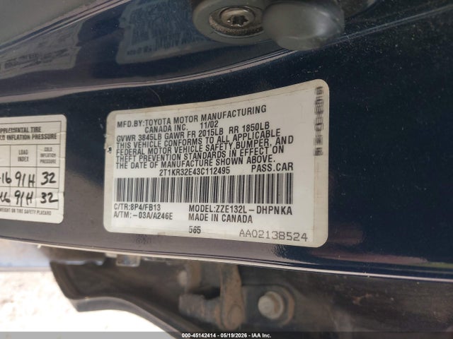 45142414 :رقم المزاد ، 2T1KR32E43C112495 vin ، 2003 Toyota Matrix Xr مزاد بيع
