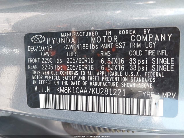 Продаж на аукціоні авто 2019 Hyundai Kona Se, vin: KM8K1CAA7KU281221, номер лоту: 45142418