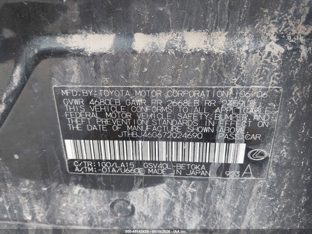 Продаж на аукціоні авто 2007 Lexus Es 350, vin: JTHBJ46G672024690, номер лоту: 45142420