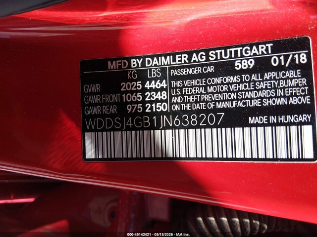Aukcja sprzedaży 2018 Mercedes-benz Cla 250 4matic, vin: WDDSJ4GB1JN638207, numer aukcji: 45142421