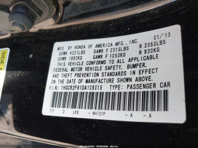 Продажа на аукционе авто 2013 Honda Accord Ex-l, vin: 1HGCR2F81DA109015, номер лота: 45142432