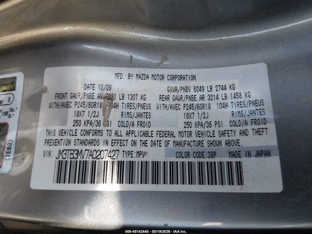 45142440 :رقم المزاد ، JM3TB3MV7A0207427 vin ، 2010 Mazda Cx-9 Touring مزاد بيع