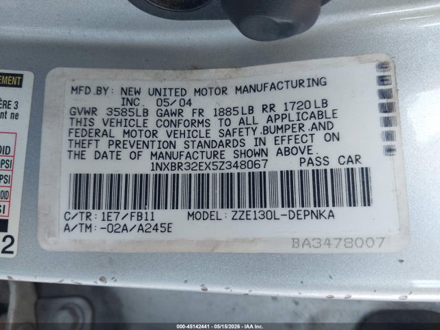 45142441 :رقم المزاد ، 1NXBR32EX5Z348067 vin ، 2005 Toyota Corolla Le مزاد بيع