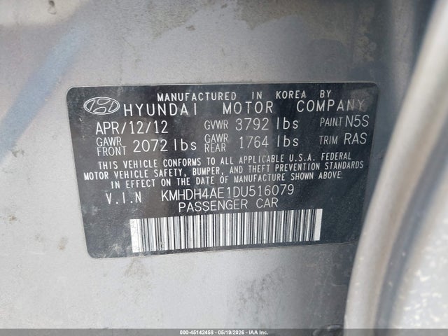 45142458 :رقم المزاد ، KMHDH4AE1DU516079 vin ، 2013 Hyundai Elantra Limited مزاد بيع