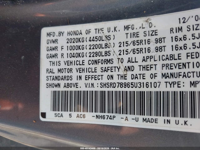 Aukcja sprzedaży 2005 Honda Cr-v Se, vin: SHSRD78965U316107, numer aukcji: 45142489