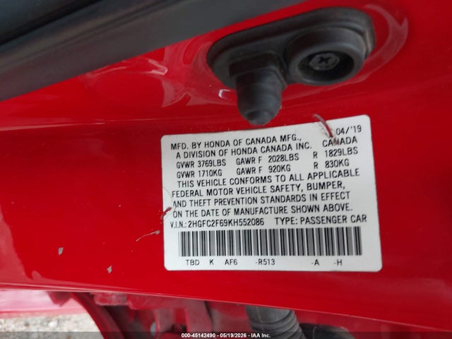 2019 Honda Civic Lx მანქანა იყიდება აუქციონზე, vin: 2HGFC2F69KH552086, აუქციონის ნომერი: 45142490