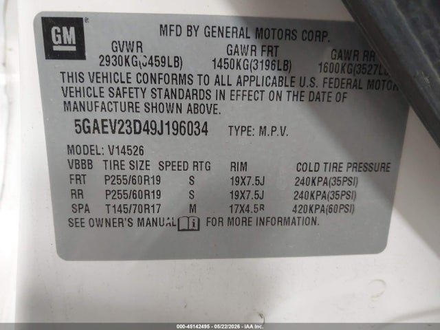 45142495 :رقم المزاد ، 5GAEV23D49J196034 vin ، 2009 Buick Enclave Cxl مزاد بيع