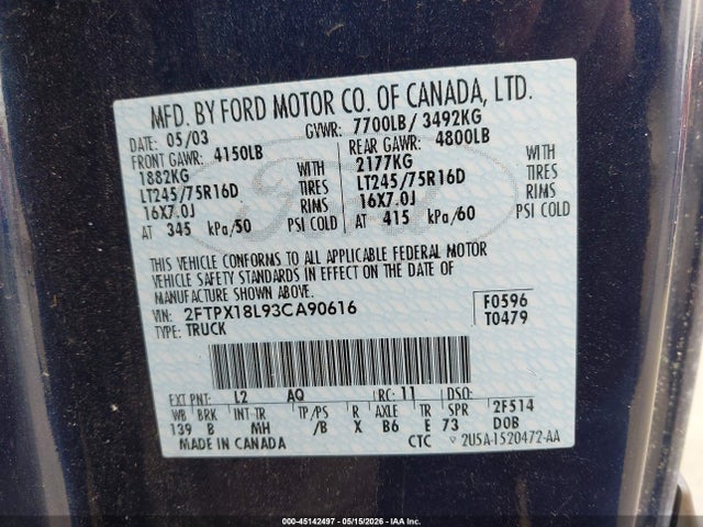 Aukcja sprzedaży 2003 Ford F-150 Lariat/xl/xlt, vin: 2FTPX18L93CA90616, numer aukcji: 45142497