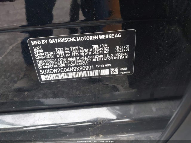 2022 Bmw X7 Xdrive40i მანქანა იყიდება აუქციონზე, vin: 5UXCW2C04N9K80901, აუქციონის ნომერი: 45142501