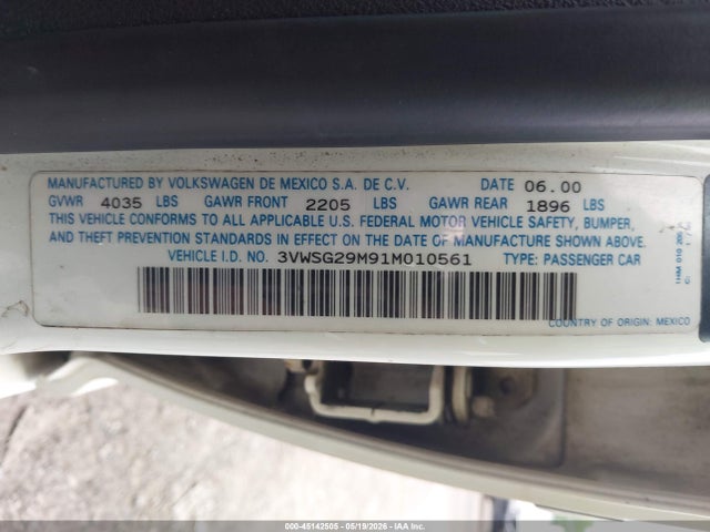 2001 Volkswagen Jetta Gls Vr6 მანქანა იყიდება აუქციონზე, vin: 3VWSG29M91M010561, აუქციონის ნომერი: 45142505
