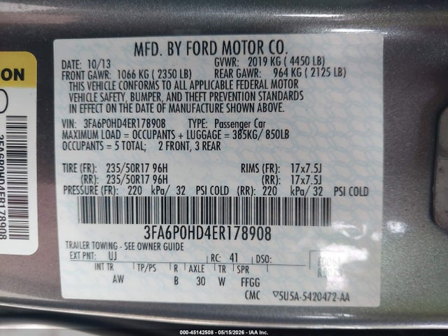 Продаж на аукціоні авто 2014 Ford Fusion Se, vin: 3FA6P0HD4ER178908, номер лоту: 45142508