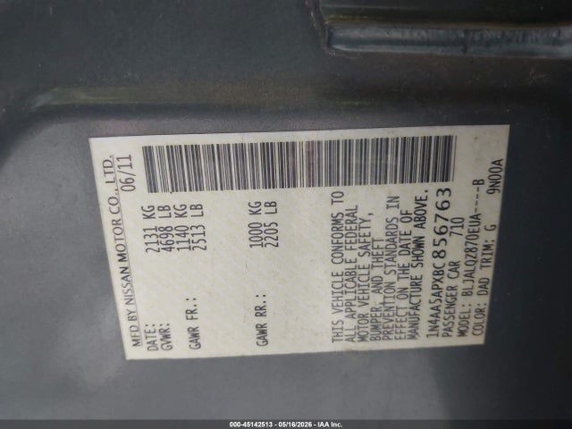 Продаж на аукціоні авто 2011 Nissan Maxima 3.5 S, vin: 1N4AA5APXBC856763, номер лоту: 45142513